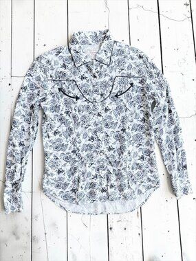 Panhandle Western Floral Pearl Snap Shirt Blue White Rayon Size S